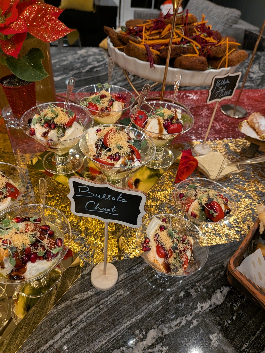 Elegant grazing table with Indian appetizers and colorful presentation