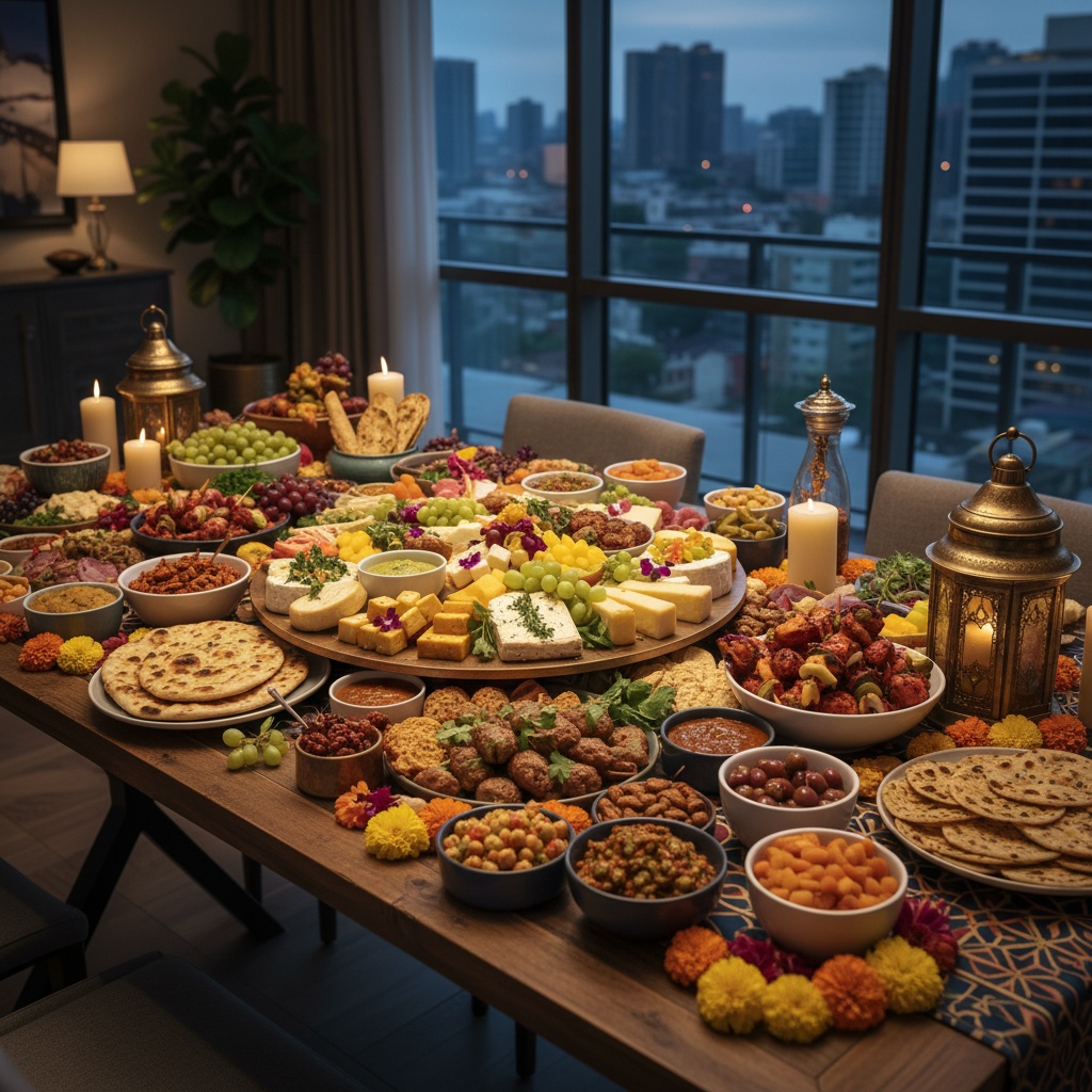 Elegant grazing table with Indian appetizers and colorful presentation